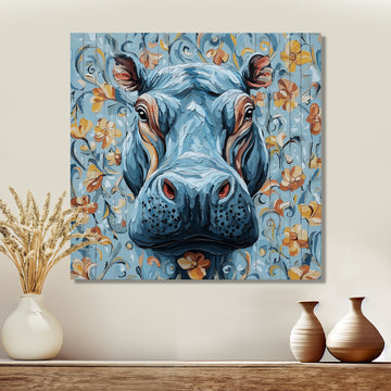 Blue Floral Hippo Portrait - Hippopotamus Living Room Wall Art
